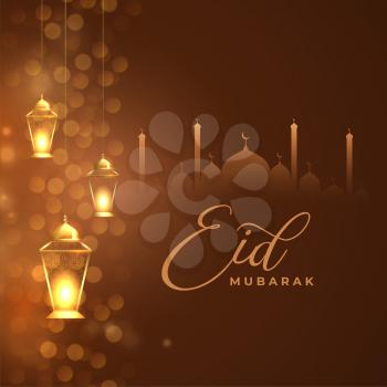 eid mubarak festival wishes card with golden lanterns