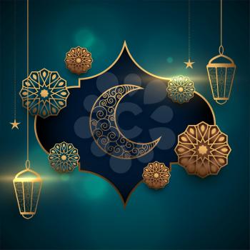 eid mubarak realistic card with lantern and moon