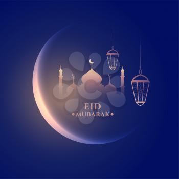 eid mubarak shiny islamic moon and mosque greeting