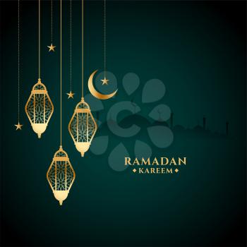 eid ramadan kareem festival card with golden lantern design