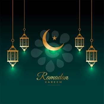 eid ramadan kareem shiny card with lamp and moon decoration