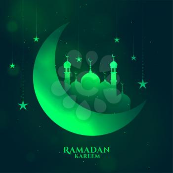 greem ramadan kareem shiny background with moon and mosque
