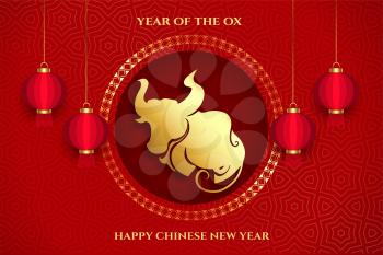 Happy chinese new year with ox and lantern card vector