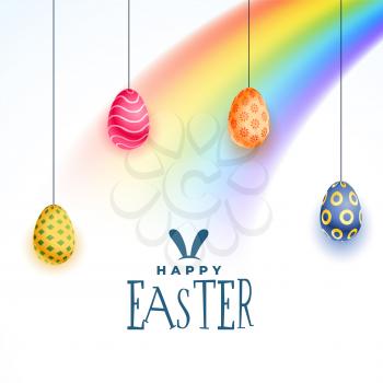 happy easter day background with colorful eggs and rainbow