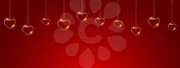 happy valentines day banner with hanging golden hearts