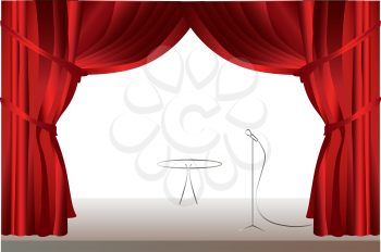 Stage red curtains with table.