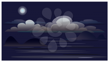 Night clouds and islands in the ocean. Moon and horizon. Illustration for book, cover, banner, booklet, calendar. Especial print for interior.
