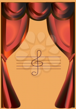 Red stage curtains with honey background and the treble clef.