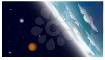 Blue planet with clouds and orange planet in Space. Illustration for book, game, calendar, booklet, banner, cover, wallpaper. Space design for interior.