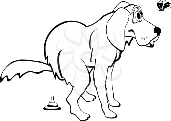 pooping dog for coloring book, pet illustration, game card, funny zoo