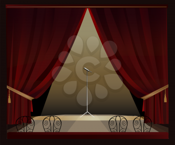 Stage design. Decor for scene. Red stage drapery with spotlight and microphone. Illustration for booklet, brochure, calendar, banner, projekt.