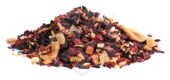 Heap of dry hibiscus tea leaves with fruits on white background�