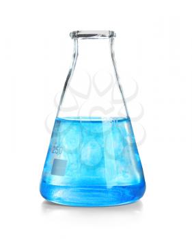 Laboratory glassware with liquid on white background�
