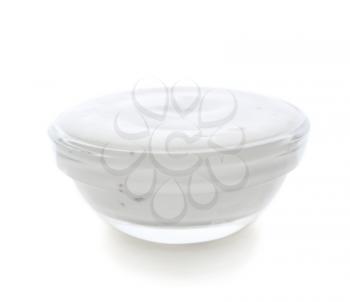 Tasty sauce in glass bowl on white background�