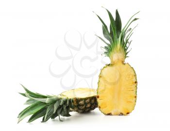 Halves of fresh pineapple on white background�