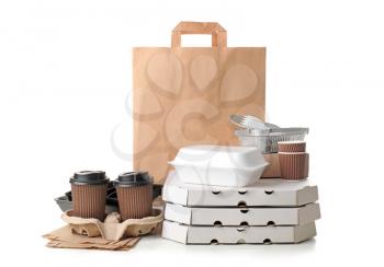 Different types of packages on white background. Food delivery service�