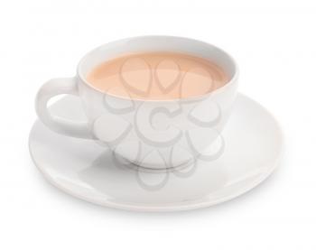 Cup of aromatic tea with milk on white background�