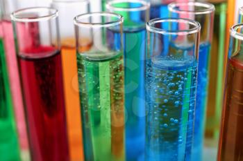 Many test tubes with colorful liquids, closeup�
