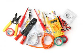 Electrician's supplies on white background�
