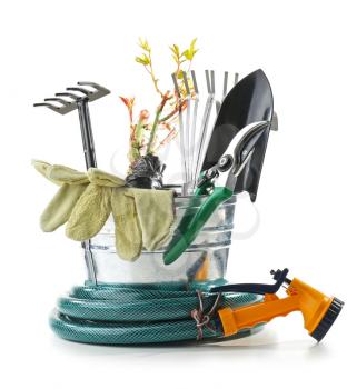 Gardening equipment with plant on white background�