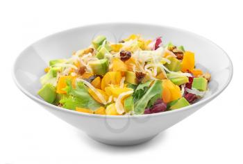 Plate of tasty salad with ripe avocado on white background�