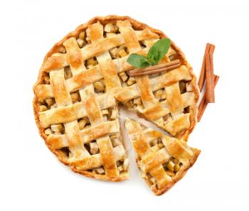 Tasty homemade apple pie on white background�