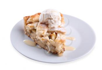 Plate with piece of tasty apple pie and ice-cream on white background�
