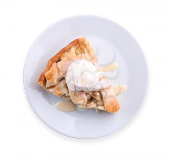 Plate with piece of tasty apple pie and ice-cream on white background�
