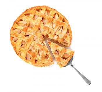 Tasty homemade apple pie and spatula on white background�