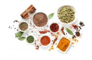 Variety of spices on white background�