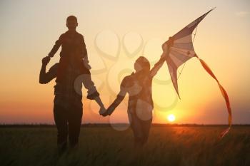 Happy family with kite in the field at sunset�