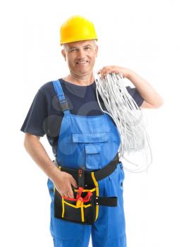 Mature male electrician on white background�