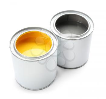 Cans of paint on white background�
