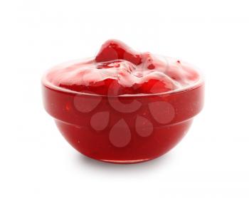 Bowl with tasty strawberry jam on white background�