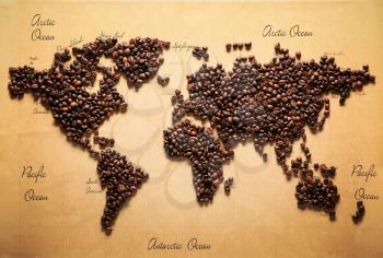 World map made of roasted coffee beans, top view�