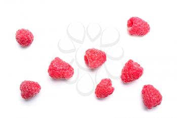 Delicious ripe raspberries on white background�