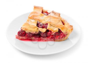 Plate with piece of delicious cherry pie on white background�