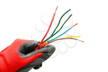 Electrician holding wires on white background, closeup�