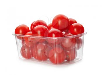 Plastic container with ripe cherry tomatoes on white background�