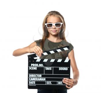 Cute little girl with clapper board wearing 3D cinema glasses on white background�