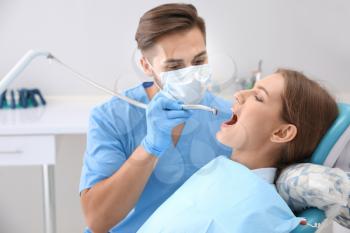 Dentist filling patient's teeth in clinic�