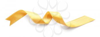 Curled golden ribbon on white background�