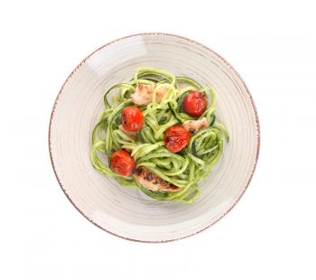 Plate with zucchini spaghetti, tomatoes and meat isolated on white�