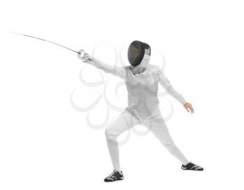 Young female fencer on white background�