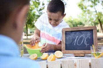 Little African-American boy preparing fresh lemonade in park�
