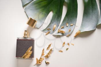 Bottle with perfume and green tropical leaf on white background�