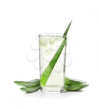 Glass of aloe vera juice on white background�