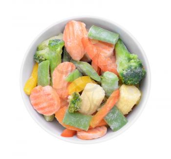 Bowl with frozen vegetables on white background�