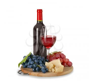 Red wine, cheese and ripe grapes on white background�