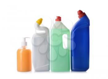 Bottles of detergents on white background�